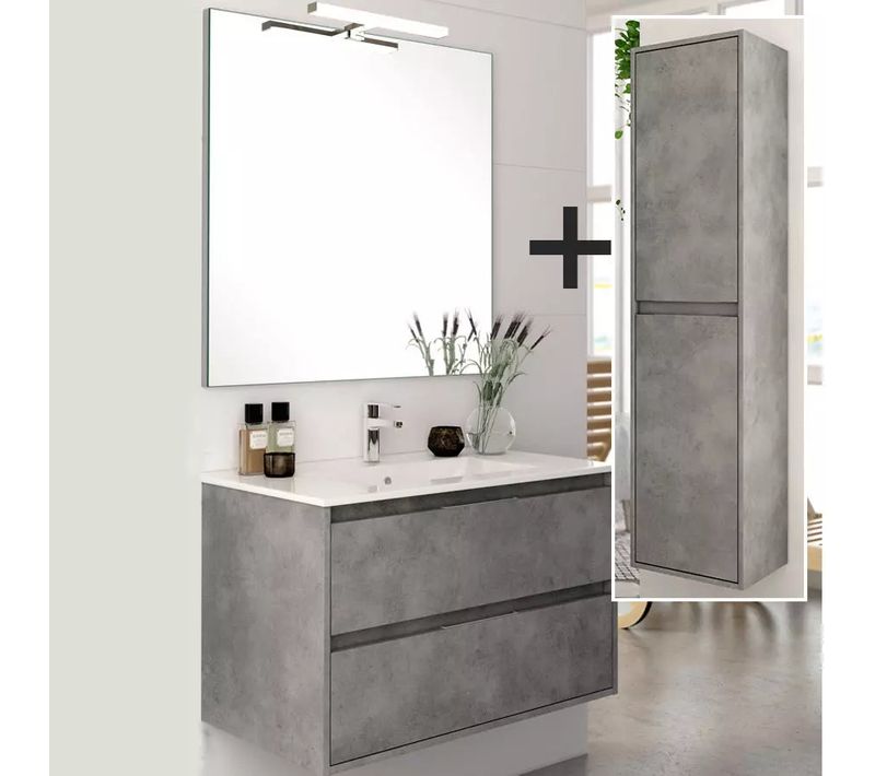 Ensemble Meuble De Salle De Bain 80cm Simple Vasque + Colonne De Rangement Iris - Ciment (gris)