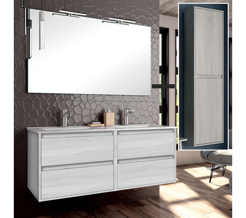 Meuble De Salle De Bain 120cm Double Vasque + Colonne De Rangement Iris - Hibernian (bois Blanchi)