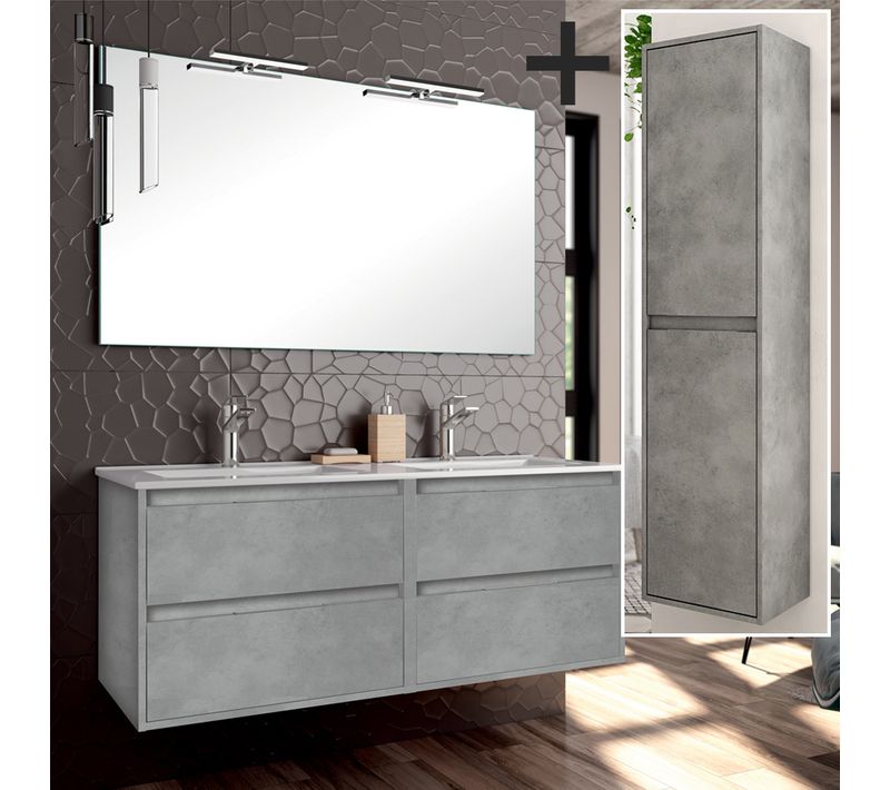 Ensemble Meuble De Salle De Bain 120cm Double Vasque + Colonne De Rangement Iris - Ciment (gris)