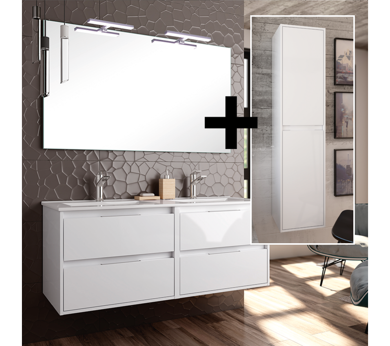 Ensemble Meuble De Salle De Bain 120cm Double Vasque + Colonne De Rangement Iris - Blanc