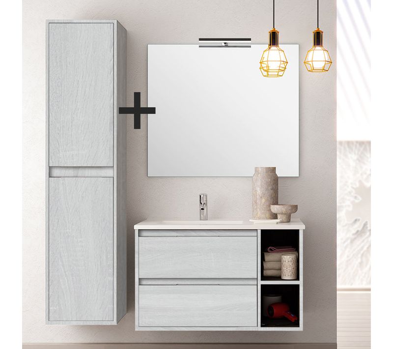 Meuble De Salle De Bain 80cm Vasque Déportée + Colonne De Rangement Olympe - Bois Blanchi