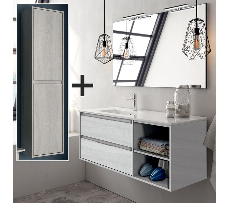 Meuble De Salle De Bain 120cm Vasque Déportée + Colonne De Rangement Olympe - Bois Blanchi