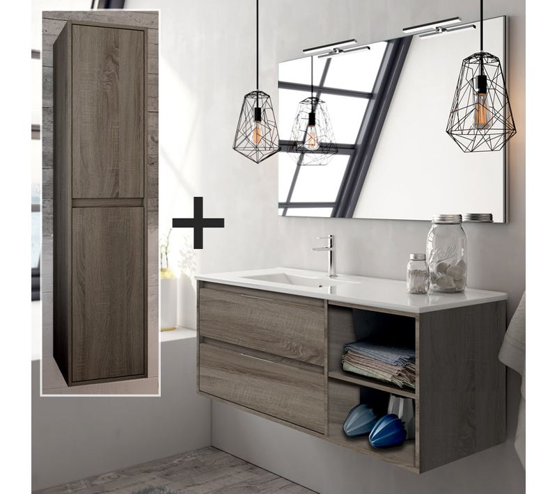 Meuble De Salle De Bain 120cm Vasque Déportée + Colonne De Rangement Olympe - Chêne Foncé