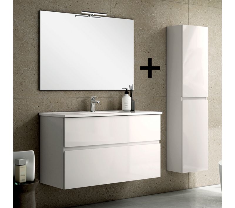 Ensemble Meuble De Salle De Bain 80cm Simple Vasque + Colonne De Rangement Mig - Blanc