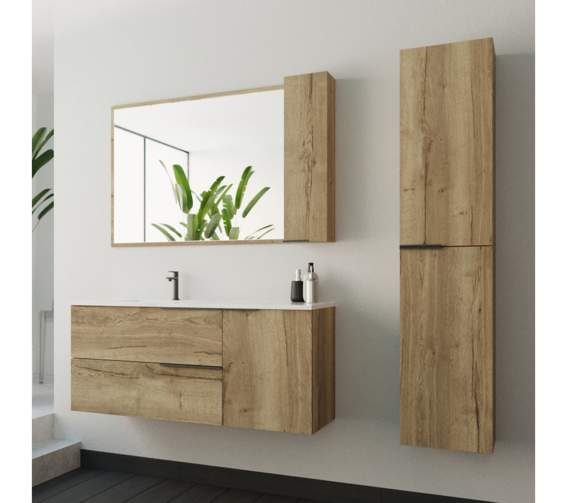 Ensemble Meuble De Salle De Bain 120cm Vasque Déportée + Colonne De Rangement - King - Chêne Clair