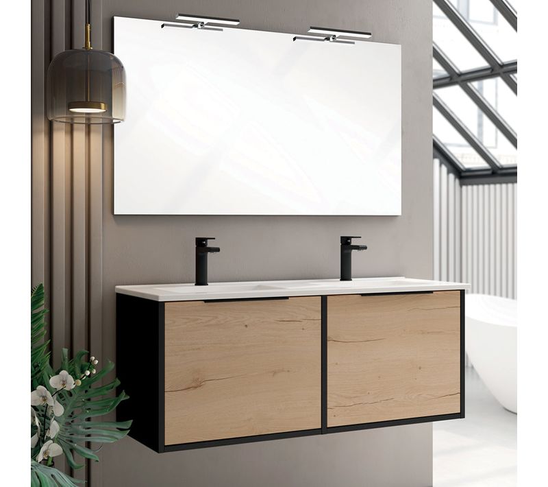 Meuble De Salle De Bain 120cm Double Vasque - 2 Façades Et 4 Tiroirs - Alba - Noir/roble