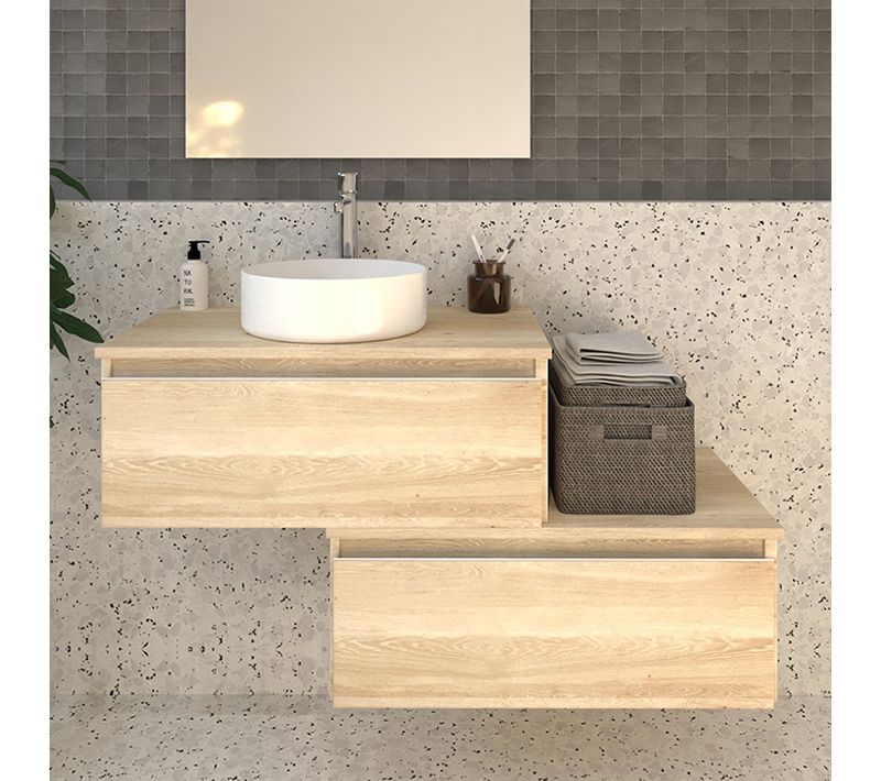 Meuble De Salle De Bain Avec Vasque à Poser Ronde Sans Miroir Pena - Chêne Clair- 120cm