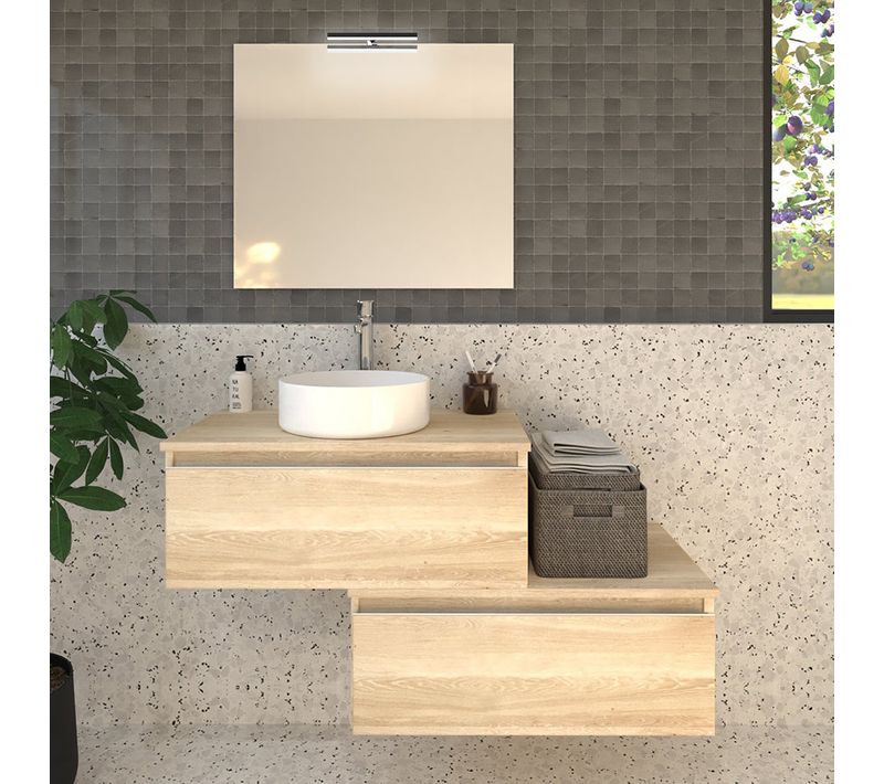 Meuble De Salle De Bain Avec Vasque à Poser Ronde Pena Et Miroir Applique - Chêne Clair- 120cm