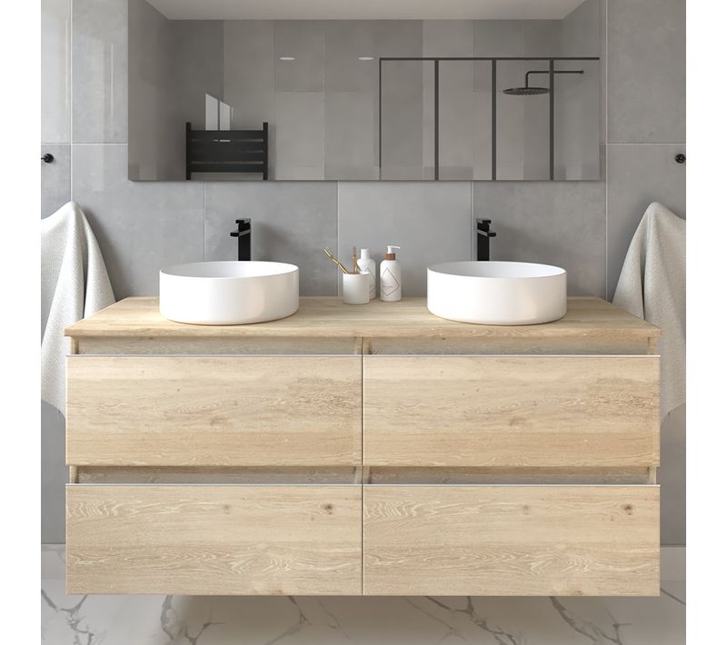 Meuble De Salle De Bain Sans Miroir Avec Vasques Ronde Balea - Bambou (chêne Clair) - 120cm