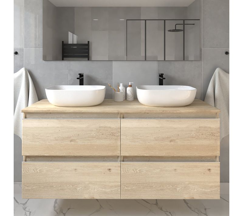 Meuble De Salle De Bain Sans Miroir Avec Vasques à Poser Arrondie Balea - Chêne Clair- 120cm