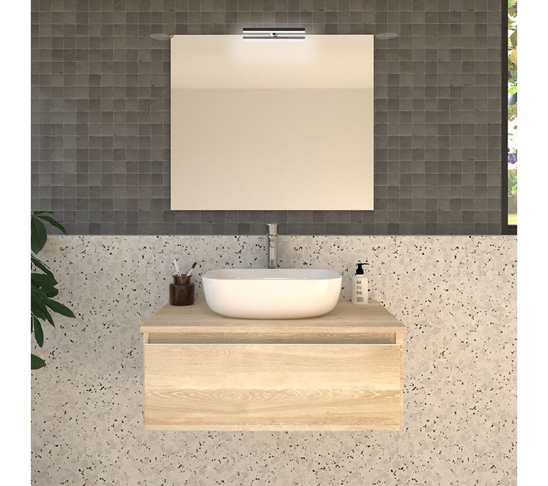 Meuble De Salle De Bain Avec Vasque à Poser Arrondie Pena Et Miroir Applique - Chêne Clair- 80cm