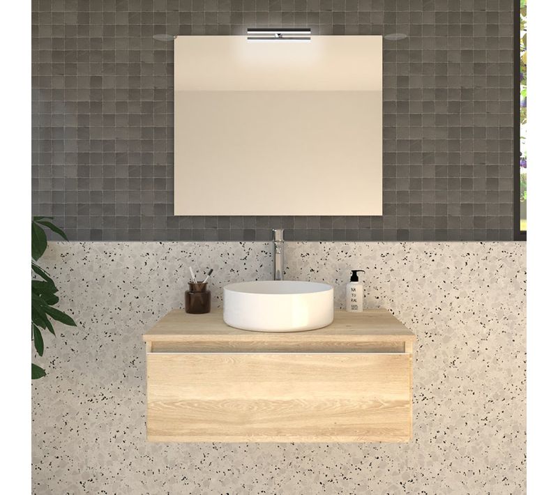 Meuble De Salle De Bain Avec Vasque à Poser Ronde Pena Et Miroir Applique - Chêne Clair- 80cm