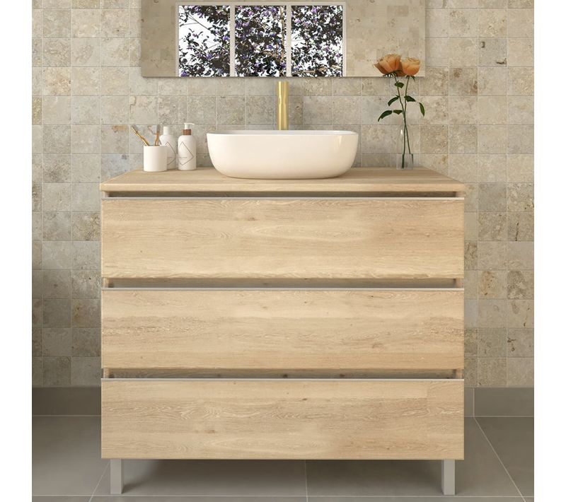 Meuble De Salle De Bain Sans Miroir Avec Vasque à Poser Arrondie Palma - Bambou (chêne Clair) - 70cm