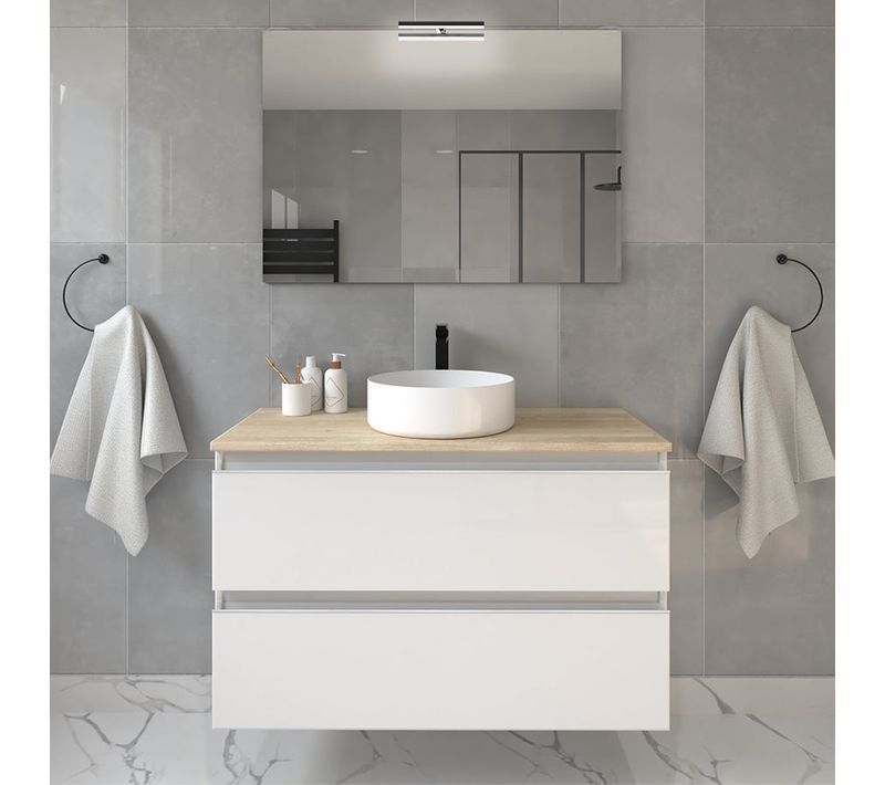 Meuble De Salle De Bain  Avec Vasque à Poser Ronde Et Miroir Avec Applique Balea - Blanc - 70cm
