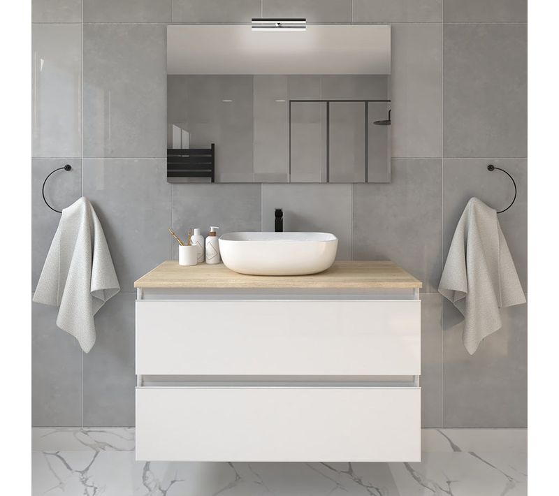 Meuble De Salle De Bain Avec Vasque à Poser Arrondie Et Miroir Avec Applique Balea - Blanc - 70cm