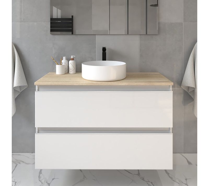 Meuble De Salle De Bain Sans Miroir Avec Vasque à Poser Ronde Balea - Blanc - 80cm