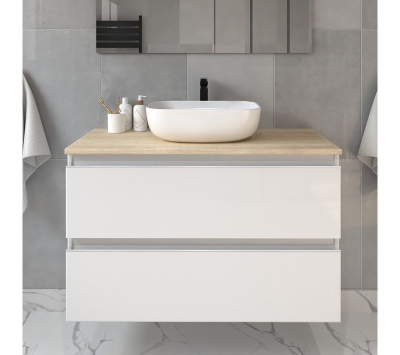 Meuble De Salle De Bain Sans Miroir Avec Vasque à Poser Arrondie Balea - Blanc - 100cm