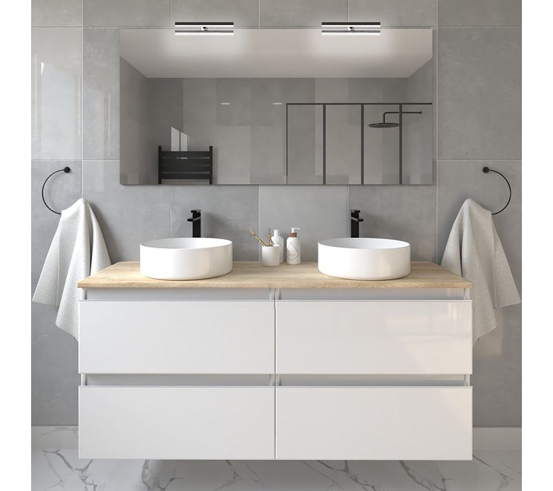 Meuble De Salle De Bain Avec Vasques Rondes Balea Et Miroir Avec Appliques - Blanc - 120cm