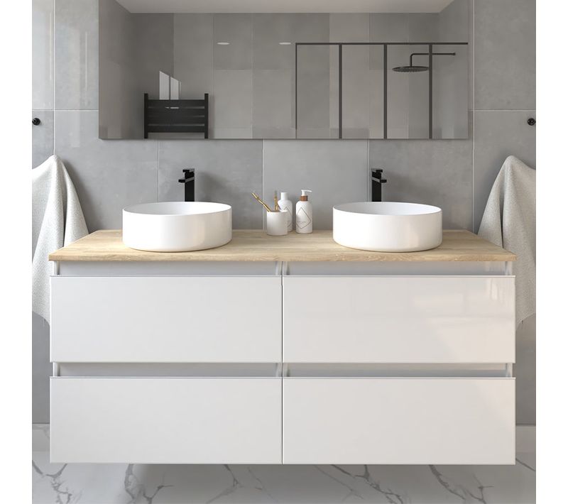 Meuble De Salle De Bain Sans Miroir Avec Vasques Ronde Balea - Blanc - 120cm