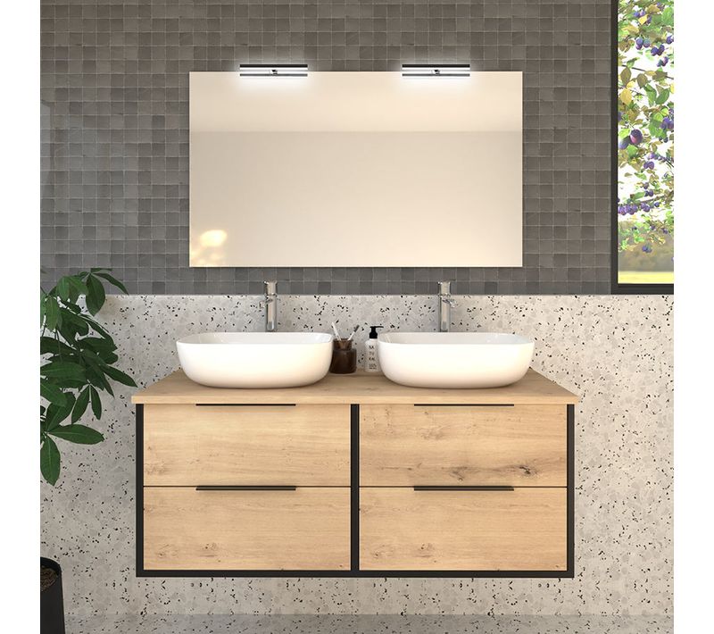 Meuble De Salle De Bain Avec Vasques à Poser Arrondies Alba Et Miroir Avec Appliques - Noir - 120cm