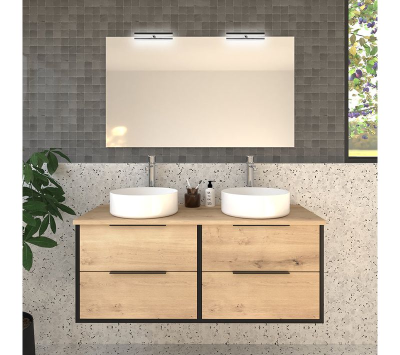 Meuble De Salle De Bain Avec Vasques Rondes Alba Et Miroir Avec Appliques - Noir - 120cm