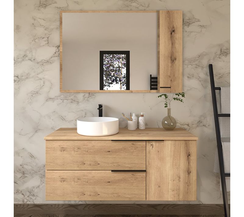 Meuble De Salle De Bain 100cm Avec Vasque à Poser Ronde - 2 Tiroirs - Roble (chêne Clair) - King