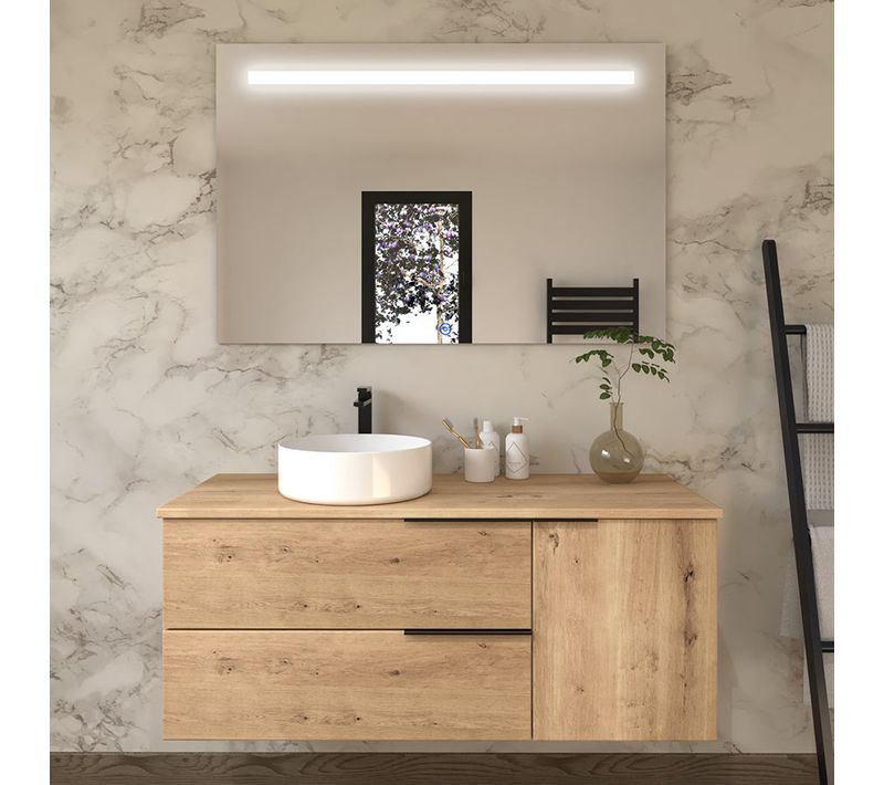 Meuble De Salle De Bain 100 Cm Avec Vasque à Poser Ronde - 2 Tiroirs - King Et Miroir LED Stam