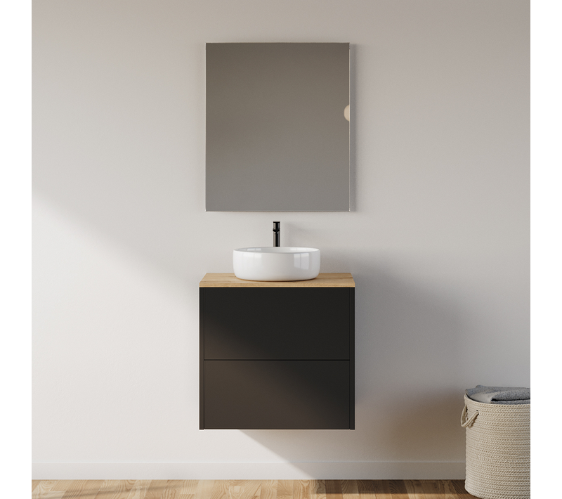 Meuble De Salle De Bain 60cm Avec Vasque à Poser Ronde - 2 Tiroirs - Noir - Mona