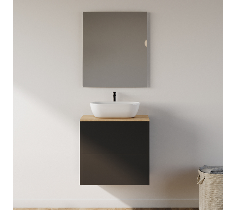 Meuble De Salle De Bain 60cm Avec Vasque à Poser Arrondie - 2 Tiroirs - Noir - Mona