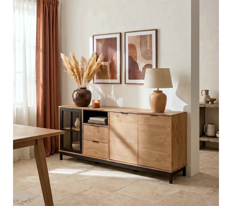 Buffet style atelier BRONX Bois massif et noir
