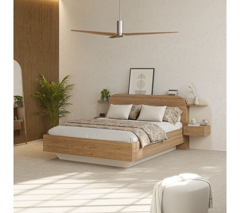 Lit 140x190cm chevets intégrés DORIAN imitation chêne et crême