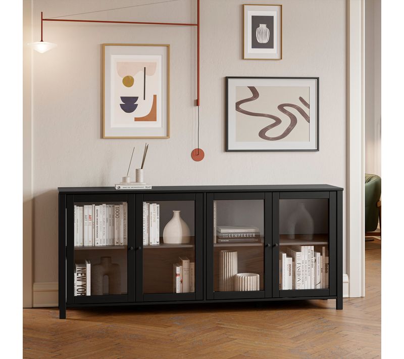 Buffet 4 portes vitrées L. 186 cm ALESSANDRA en pin massif noir