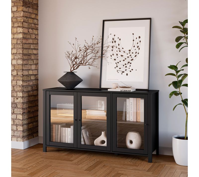 Buffet 3 portes vitrées L. 142 cm ALESSANDRA en pin massif noir