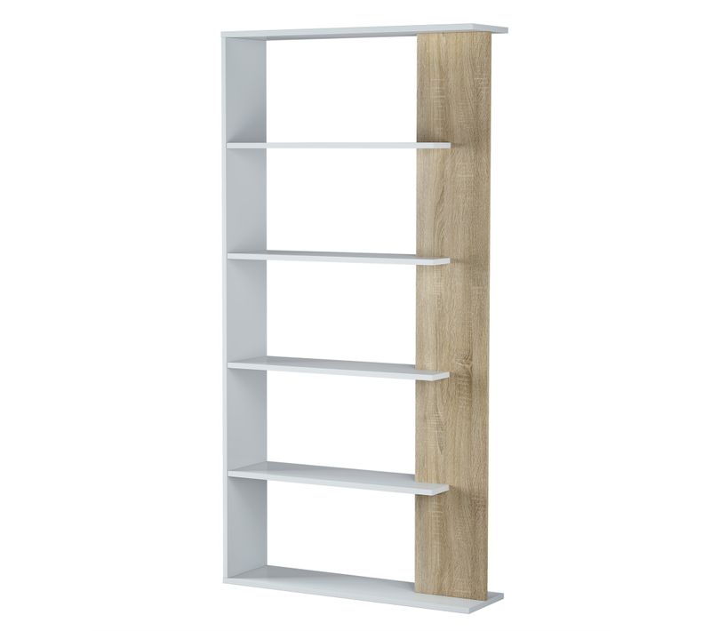 Étagère Bibliothèque Lugo 5 Étagères,  Blanc/chêne, Pour Salle à Manger Ou Bureau