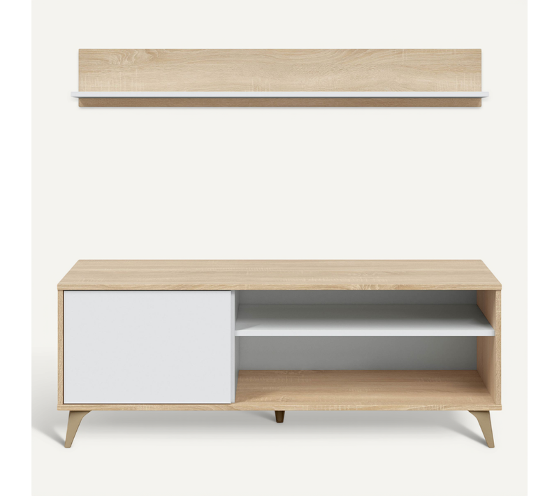 Meuble TV Kiko 1 Porte Avec Étagère, Couleur Chêne Et Blanc, 135 Cm (largeur)