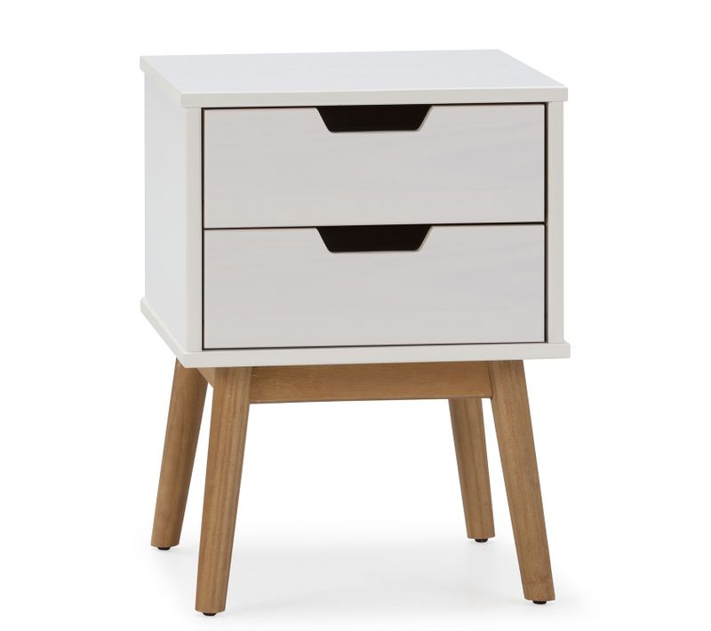 Table De Chevet Baku 2 Tiroirs Blanc, Bois De Pin Massif