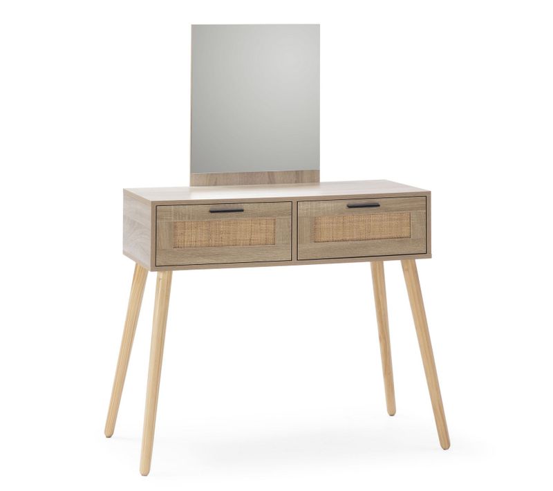 Meuble D'entrée Dalia 2 Tiroirs + Miroir, Couleur Chêne, 90 Cm Longueur