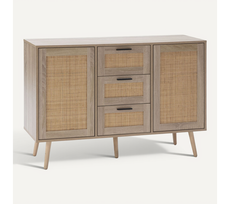 Buffet Dalia 3 Tiroirs Et 2 Portes Couleur Chêne, 120 Cm Longueur