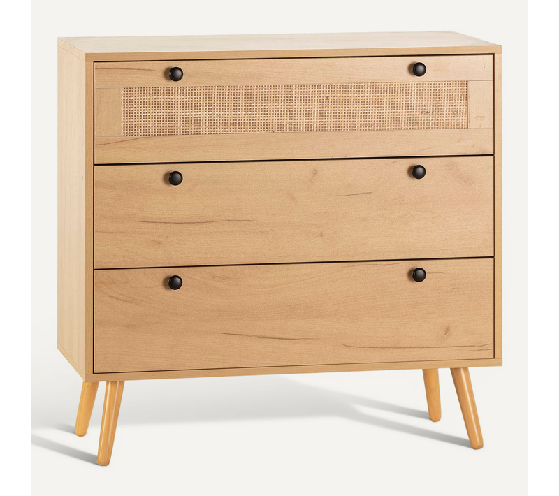 Commode Nuit Bella 3 Tiroirs Couleur Chêne Avec Rotin Naturel
