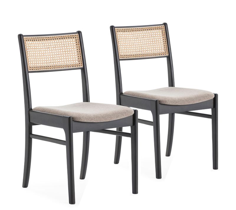 Pack De 2 Chaises Vilma Couleur Noir Wash, Bois Massif Et Rotin Naturel