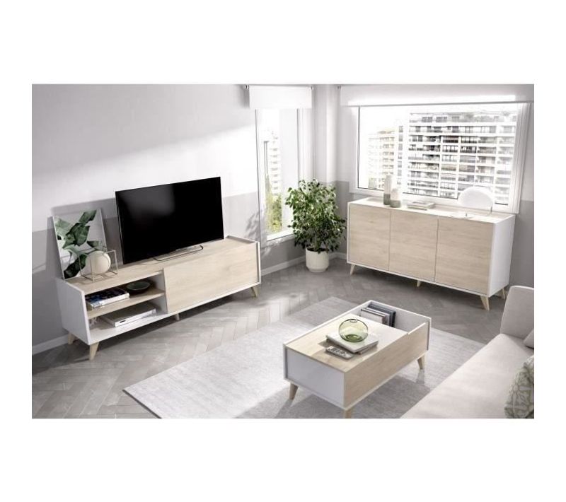 Ensemble Meuble TV Table Basse Buffet Ness - Mélaminé - Style Scandinave - Chene Et Blanc