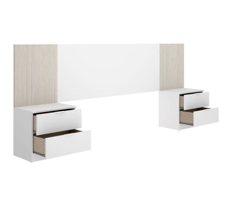Ensemble Tête De Lit + 2 Tables De Nuit + 2 Tiroirs - Loma - Blanc / Bois - 258,6 X 34,2 X 106 Cm