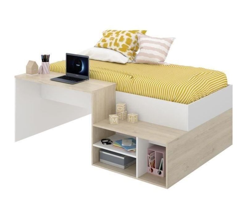Lit Combiné Enfant Kric - Chene Naturel Et Blanc - Bureau Et Rangement - 90x190 Cm