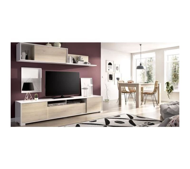 Composition De Salon TV - Blanc Brillant / Chene - Portes Et Étagere - 200 X 41 X 180 Cm