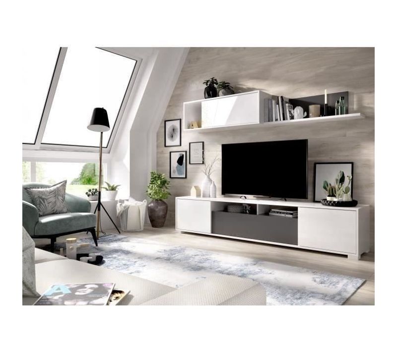 Composition De Salon TV - Blanc Brillant / Graphite - Portes Et Étagere - 200 X 41 X 180 Cm
