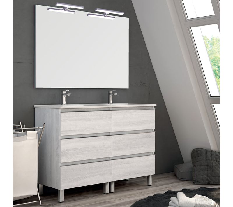 Meuble De Salle De Bain 120cm Double Vasque - 6 Tiroirs - Palma - Hibernian (bois Blanchi)