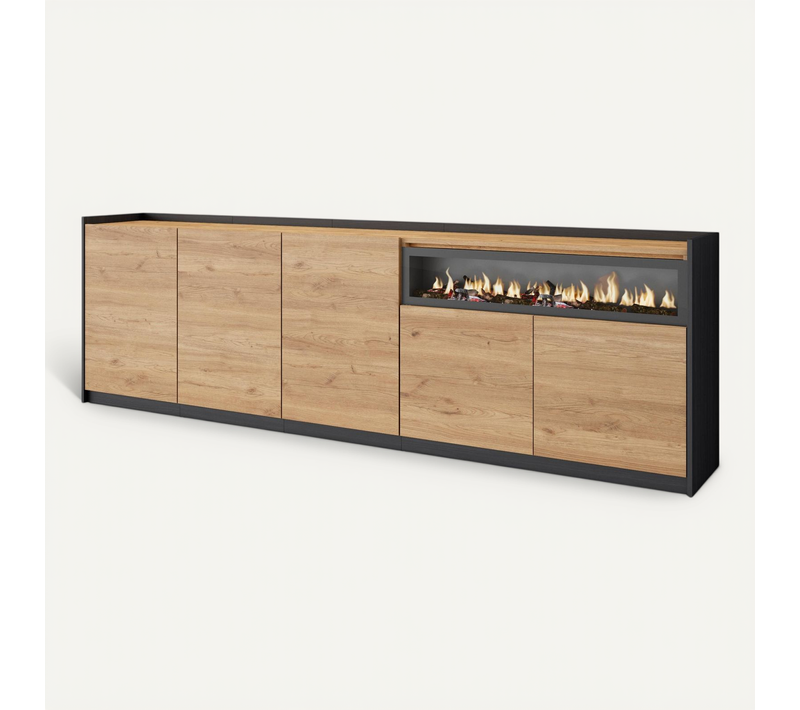 Buffet Salon Et Cuisine, 260x37x80cm, Cheminée Électrique, Chêne Et Noir