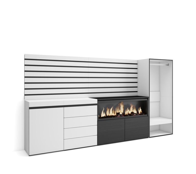 Buffet, 274x35x145cm, Cheminée Électrique XXL, Commode, Buffet, Vestiaire Ouvert, Blanc