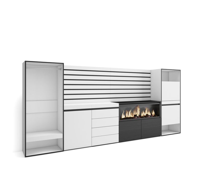 Buffet, 334x35x145cm, Cheminée Électrique XXL, Commode, Meuble à Chaussures, Vestiaire Ouvert, Blanc