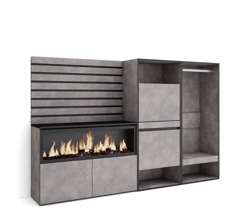 Buffet, 227x35x145cm, Cheminée Électrique XXL, Meuble à Chaussures, Vestiaire Ouvert, Gris Ciment